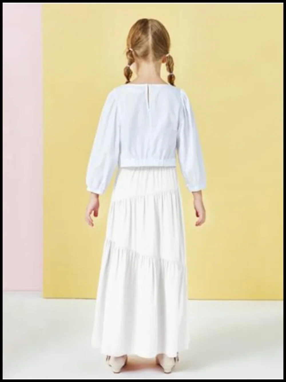 Girls Elastic Waist Maxi Skirt Tiered Pleated A-Line with Pockets